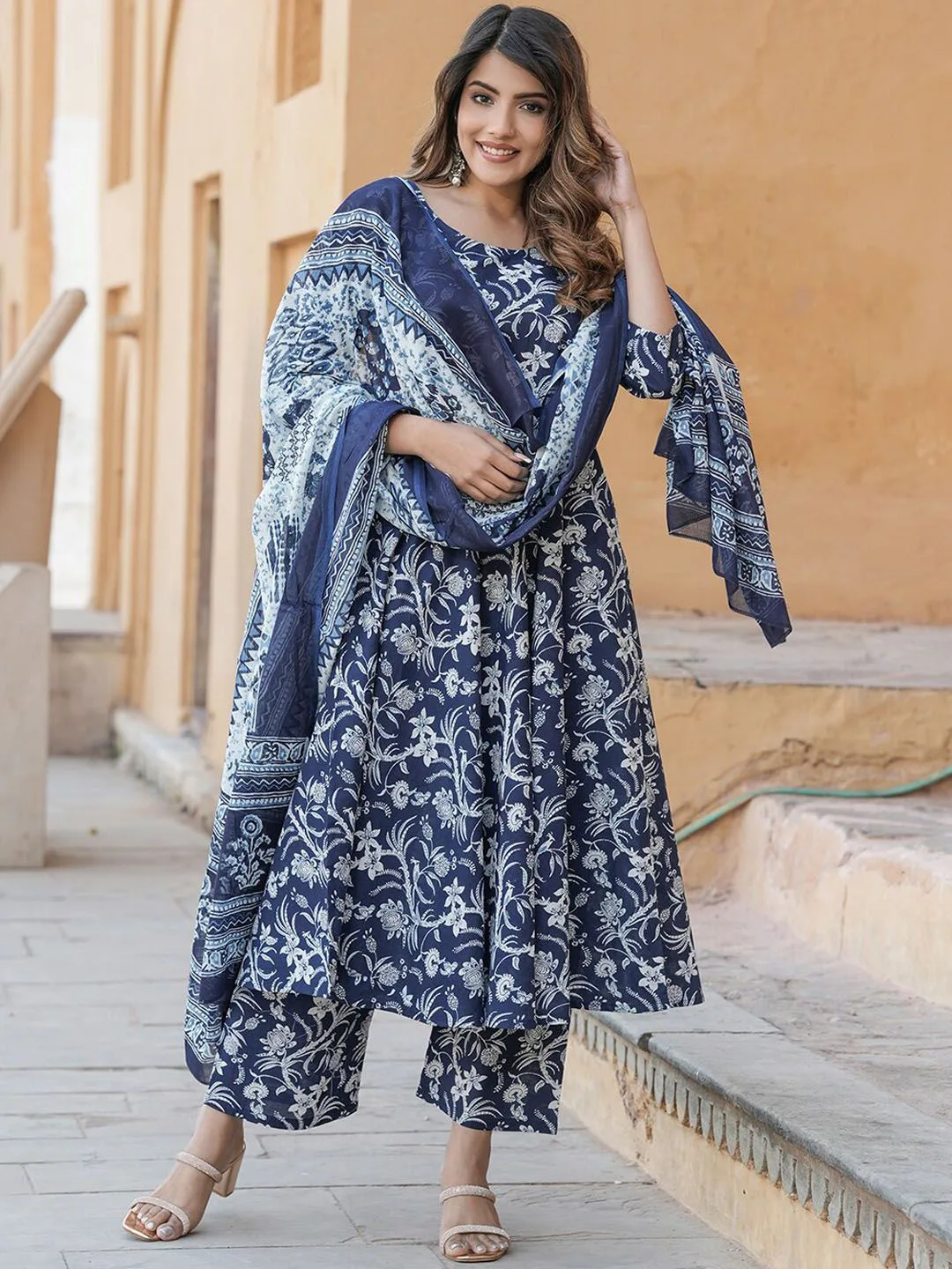 Design 2054 NavyBlue Rayon Printed Kurti Pant Dupatta - Design Number 1