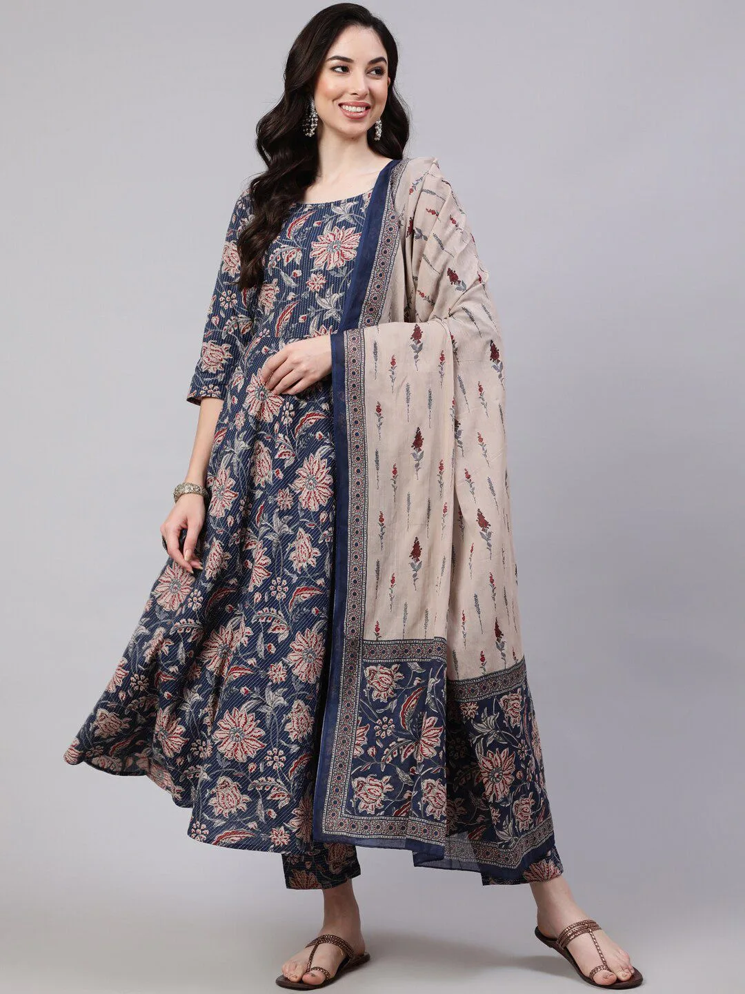 Design 2057 NavyBlue Rayon Printed Kurti Pant Dupatta - Design Number 1