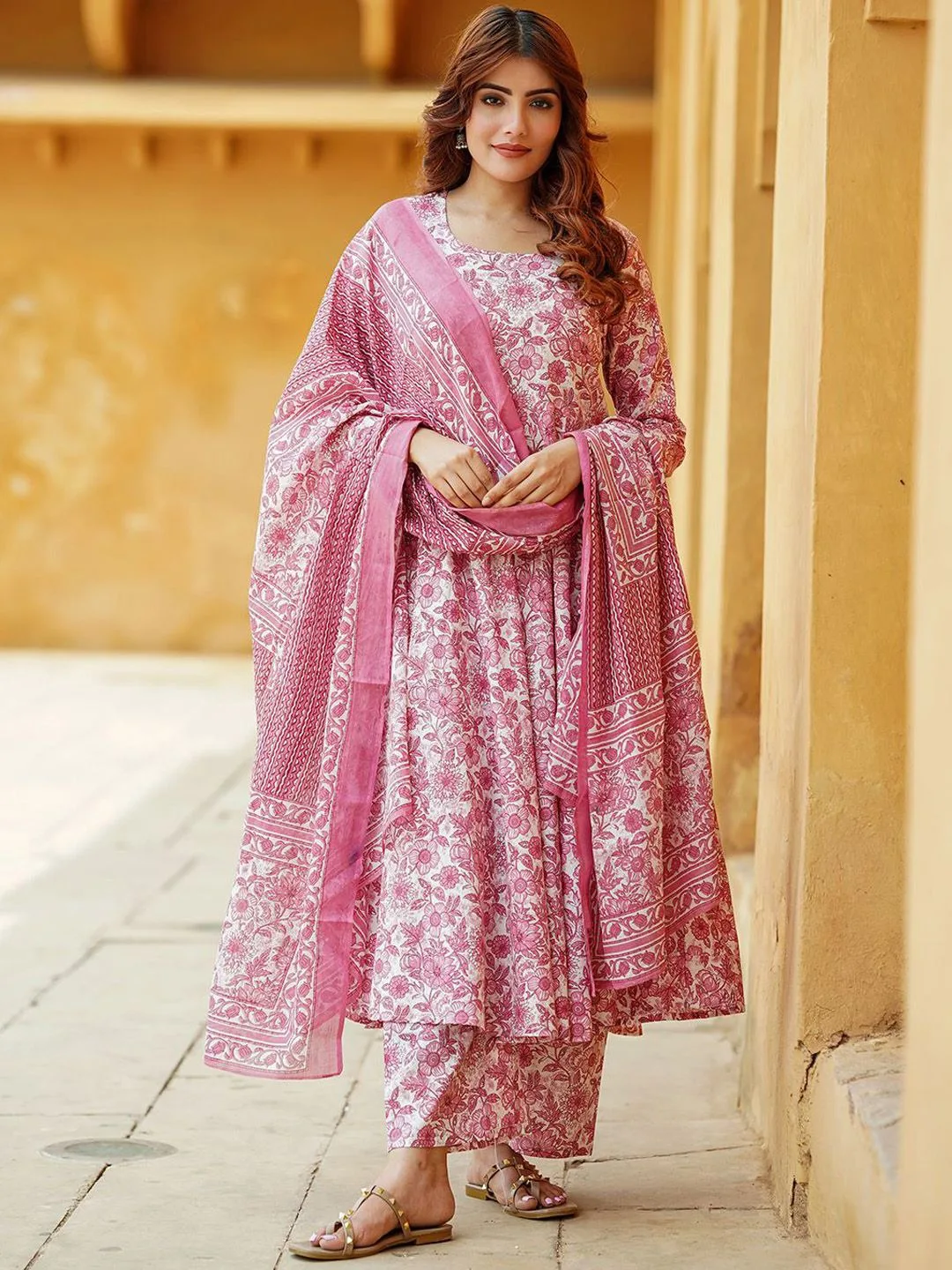 Design 2059 Pink Rayon Printed Kurti Pant Dupatta - Design Number 1