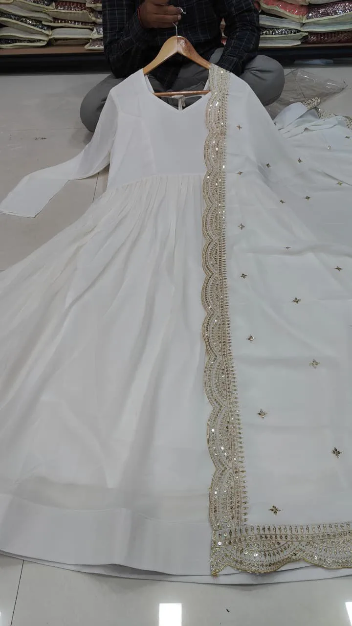 Dhanvi Off White Fully Stitched Gown with Dupatta - Design Number 1