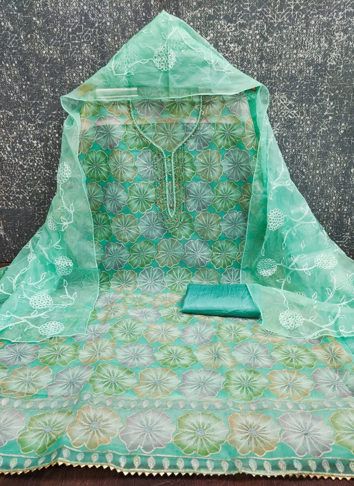 FLORAL Organza Position Print with Beads & Stone Hand Work Dress Material - Design Number 1