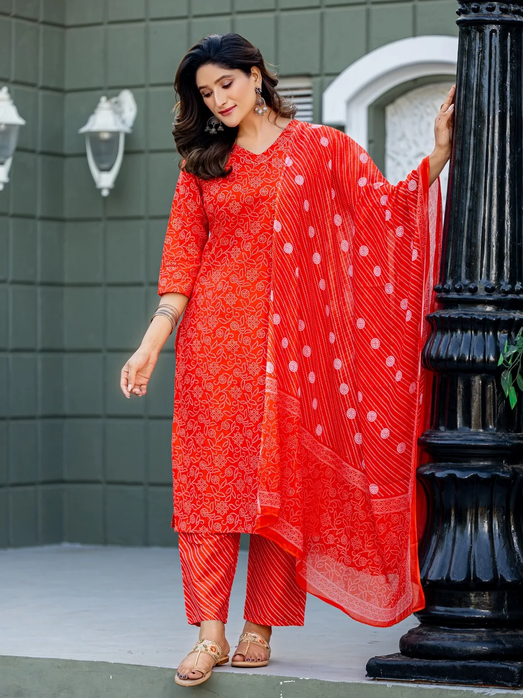 Fully Stitched Cotton Kurti Pant Dupatta Design 2029 Orange - Design Number 1