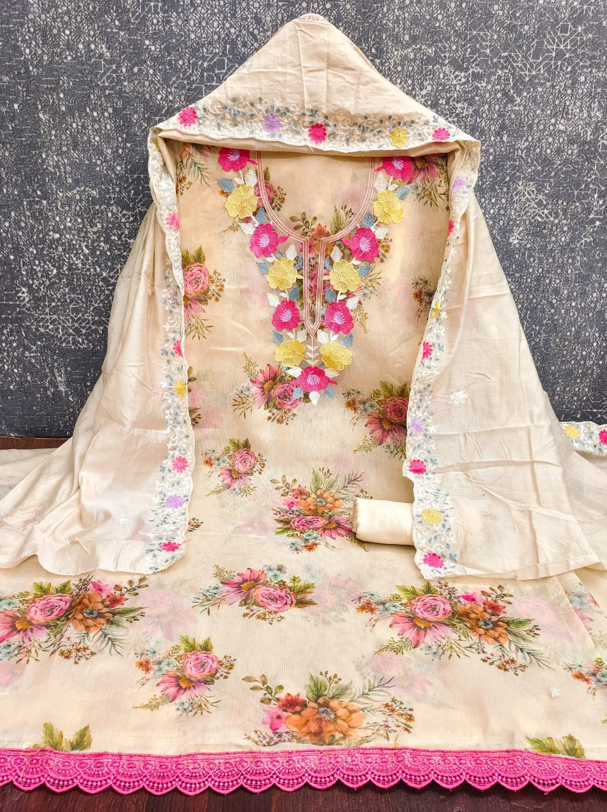 Janvi Simmer Silk Digital Print Multi Chain Work with Santoon and Diable Chanderi Work - Design Number 1