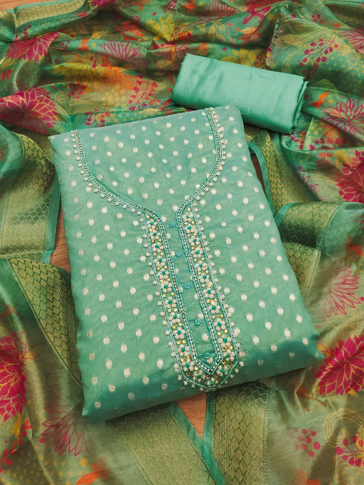 MAHIRA Simmer Silk Multi Floral Beads & Stone Hand Work with Santoon and Organza Silk Dupatta - Design Number 1