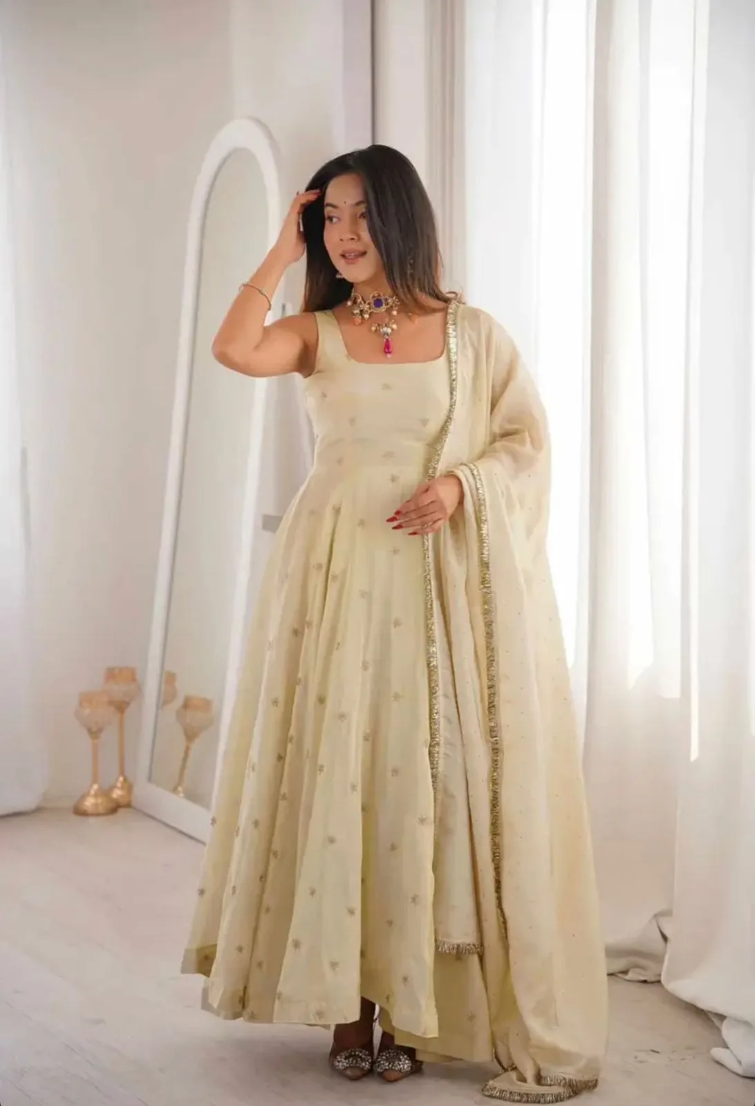 SRK-5325 Cosmos Gold Embroidery Work Gown and Dupatta Set - Design Number 1