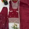 ZSR-3160 GMY SILK Heavy Embroidery Sequence Mirror Work Top-Bottom Dupatta Set - Design Number 2