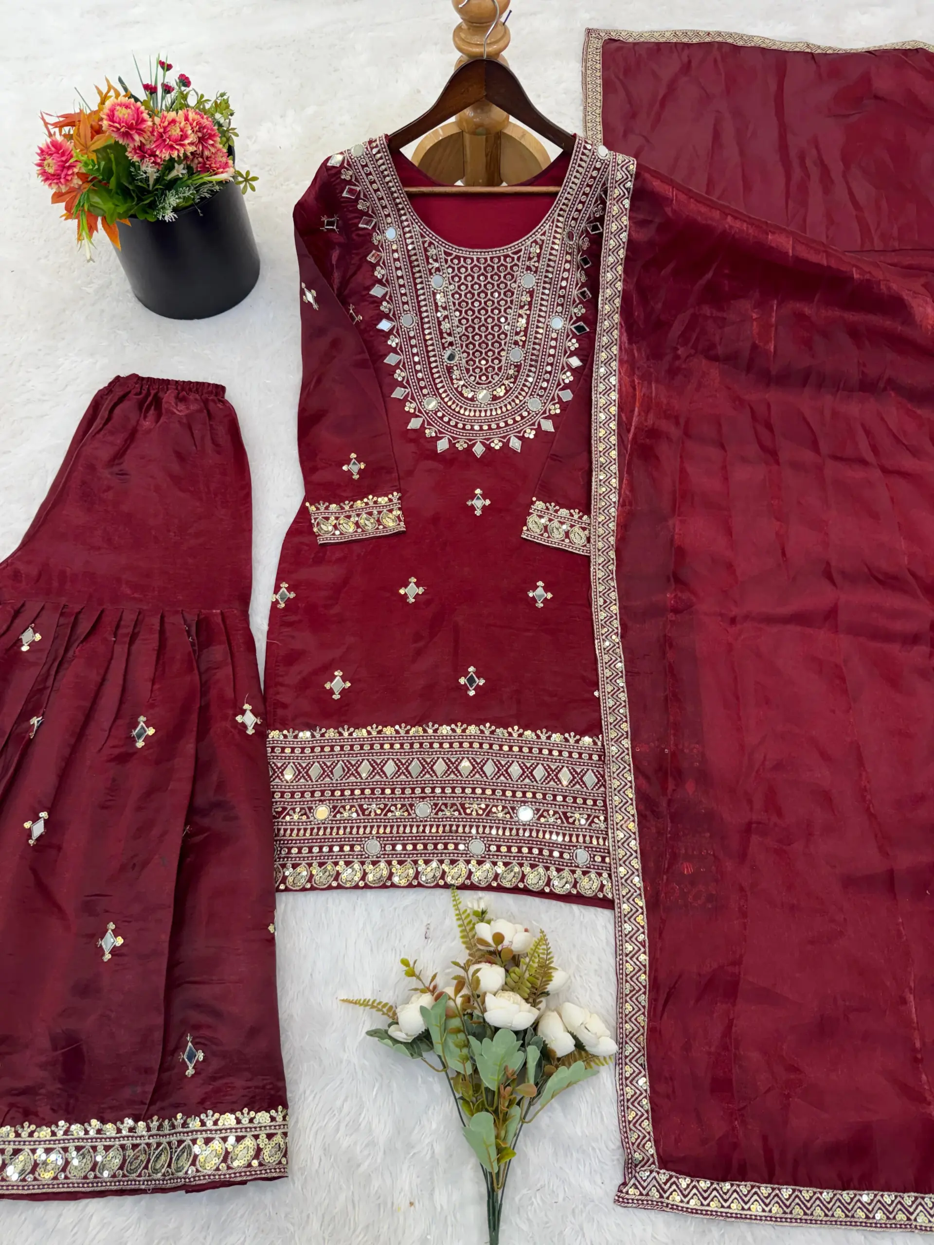 ZSR-3160 GMY SILK Heavy Embroidery Sequence Mirror Work Top-Bottom Dupatta Set - Design Number 2